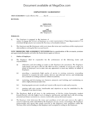 Employment Contract for Sales Representatives