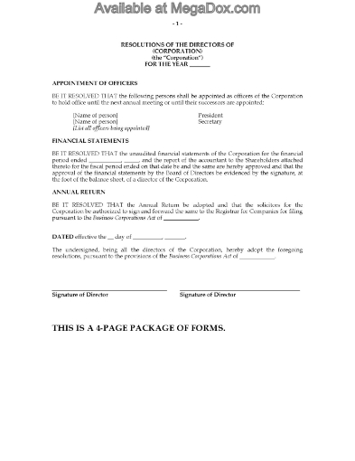Annual corporate resolutions for a Canadian corporation