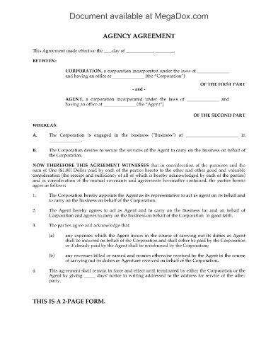 Agency Agreement to Operate Business