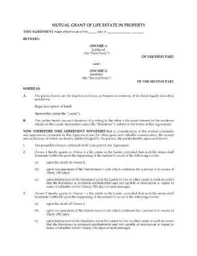 Canada Grant of Life Estate in Property