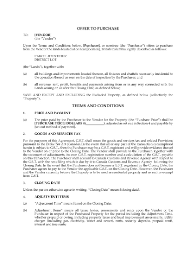 Picture of British Columbia Offer to Purchase Land for Development