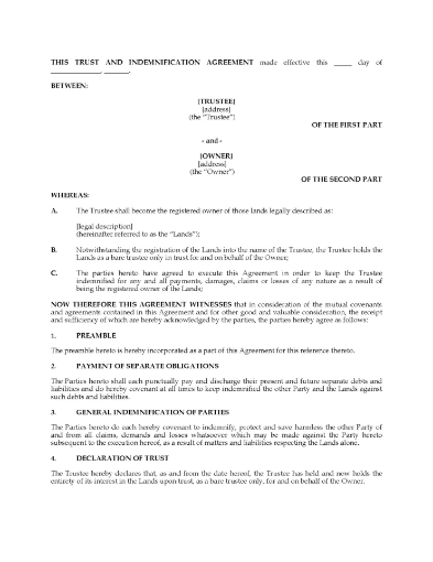 Alberta Land Trust and Indemnification Agreement