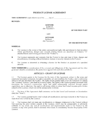 Canada Product Licence Agreement template