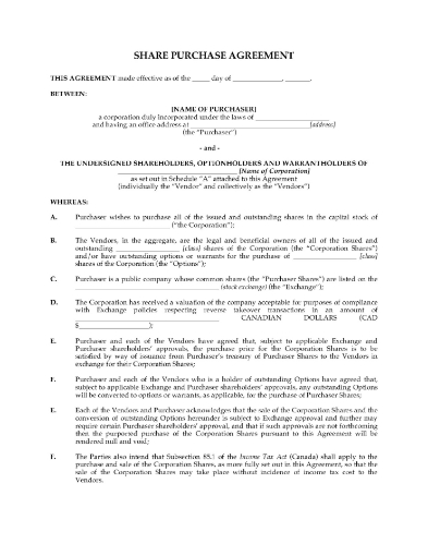 Alberta Share Purchase Agreement for reverse takeover