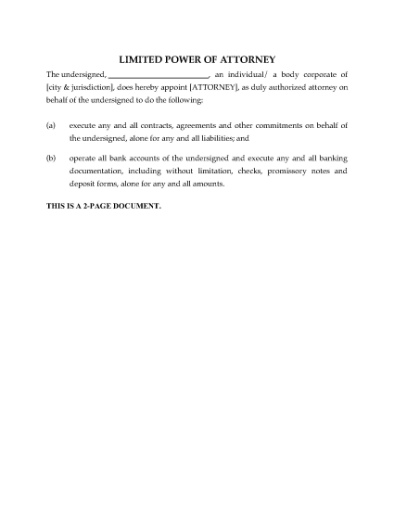 Picture of Limited Power of Attorney for Bank Accounts and Contracts | USA