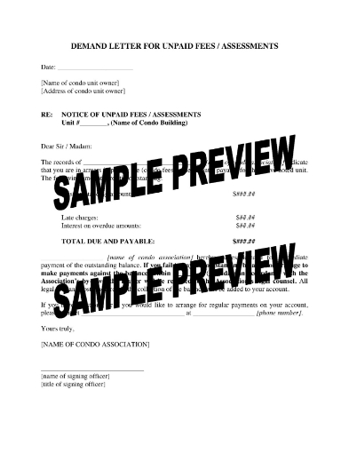 Demand Letter for Unpaid Condo Fees or Assessments