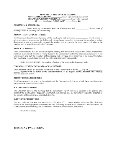 Canada Minutes of Annual Shareholder Meeting