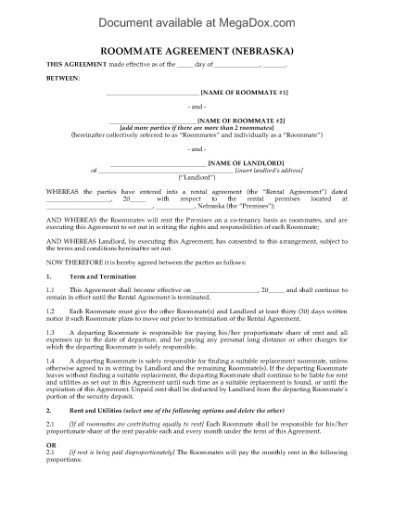 Picture of Nebraska Roommate Agreement