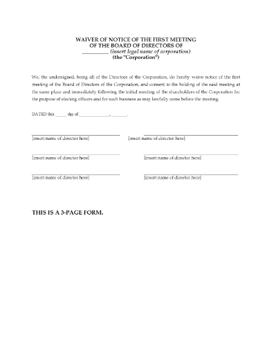 USA Waiver of Notice forms for directors meetings