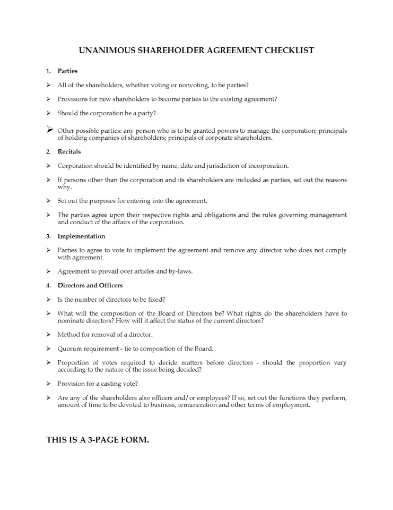 Canada Unanimous Shareholder Agreement Checklist