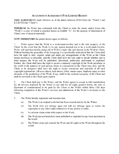 Acquisition Agreement for Limited Rights in Music