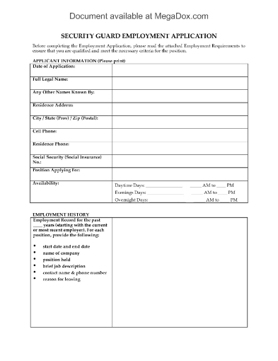 Security Guard Employment Application Form