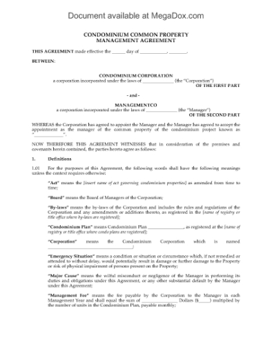 Picture of Condominium Common Property Management Agreement