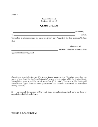 British Columbia Form 5 Claim of Builder's Lien