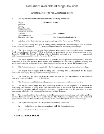 Canada Debit Pre-Authorization Form