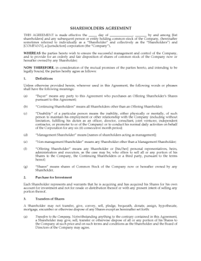 Picture of Shareholder Agreement with Community Property Provisions | USA