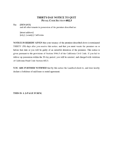 California 30-Day Notice to Quit under Penal Code Section 602.3