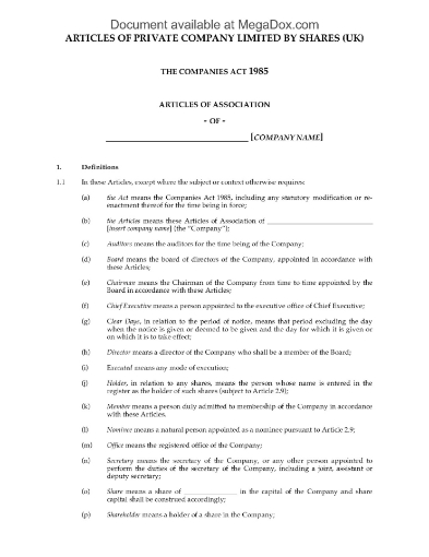 Picture of Model Articles of Private Company Limited by Shares | UK