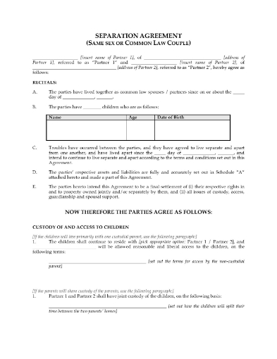 Canada Separation Agreement for Common Law Couple