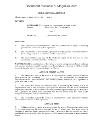 Picture of Online Modeling Services Agreement