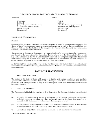 Letter of Intent to Purchase Assets of Business