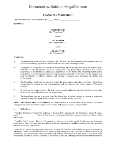 Picture of Franchise Agreement for Fast Food Restaurant | Canada
