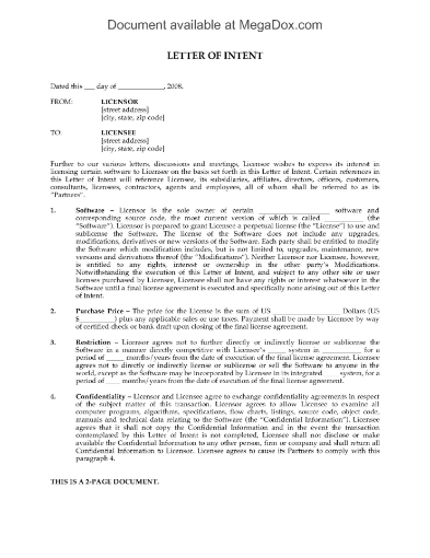 Letter of Intent to Grant Perpetual Software License