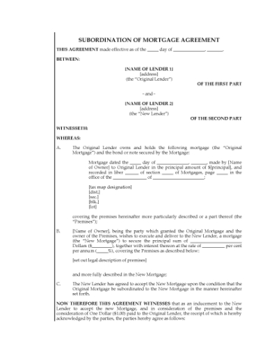 Picture of New York Subordination of Mortgage Agreement