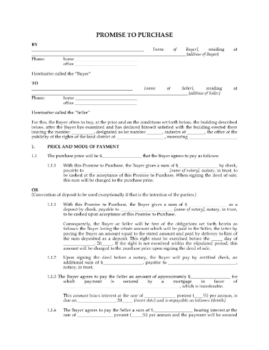 Quebec Promise to Purchase Real Estate (English language)