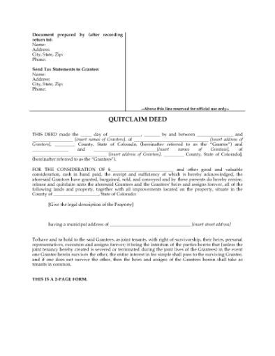 Picture of Colorado Quitclaim Deed for Joint Ownership