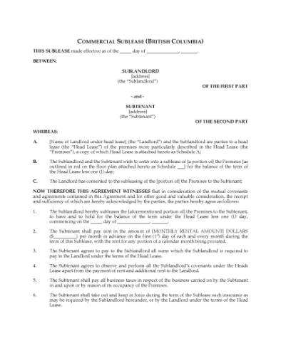 Picture of British Columbia Short-Form Commercial Sublease