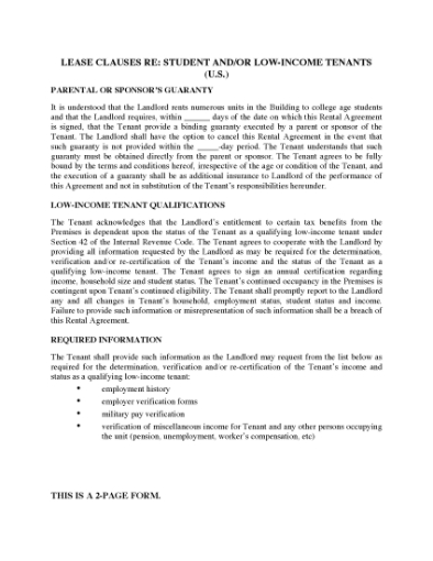 Picture of Lease Clauses for Students or Low Income Tenants | USA