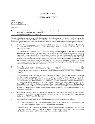 Letter of Intent to Lease Commercial Space