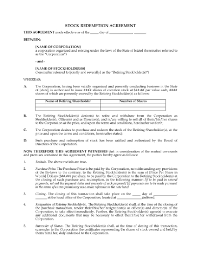 Picture of Stock Buy-Sell / Redemption Agreement | USA