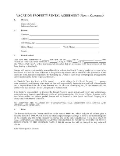 Picture of North Carolina Vacation Property Short-Term Rental Agreement