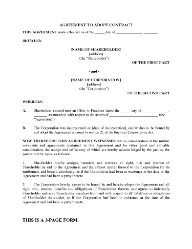 Ontario Agreement to Adopt Pre-Incorporation Contract