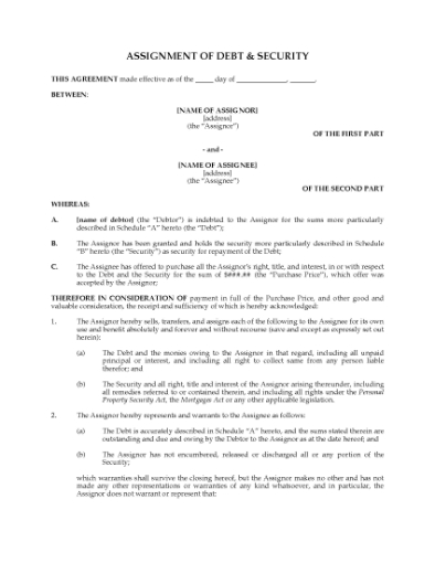 Picture of Ontario Assignment of Debt and Security