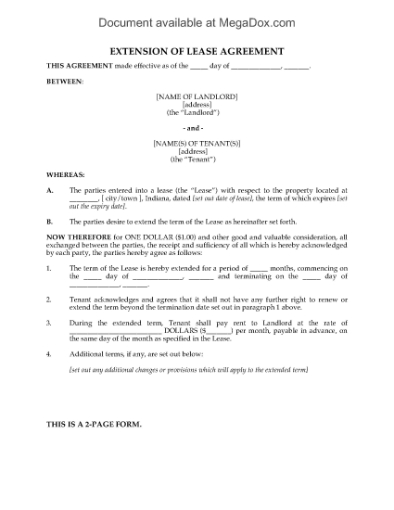 Picture of Indiana Residential Lease Extension Agreement