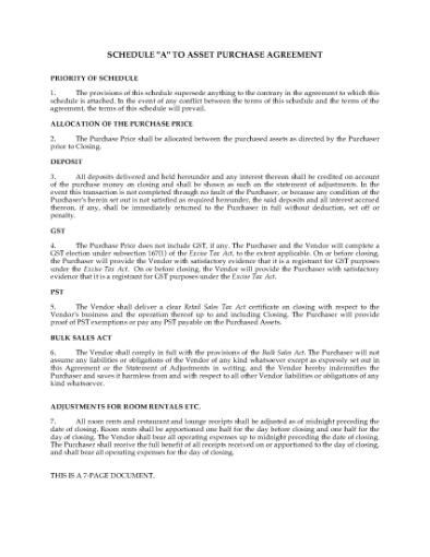 Picture of Ontario Schedule to Purchase Agreement for Hotel Assets