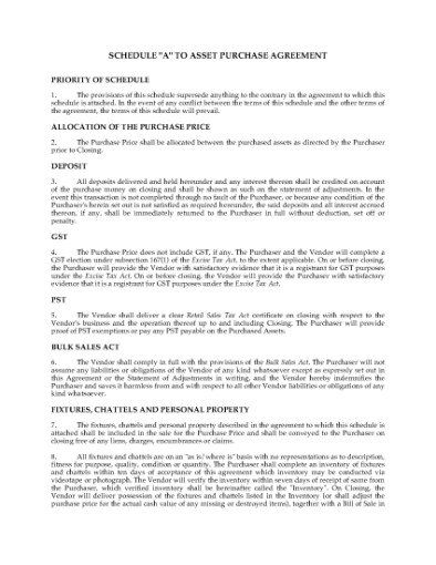 Picture of Ontario Schedule to Asset Purchase Agreement for Restaurant