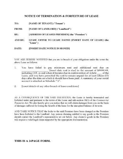 Ontario Notice of Termination and Forfeiture of Lease (commercial)