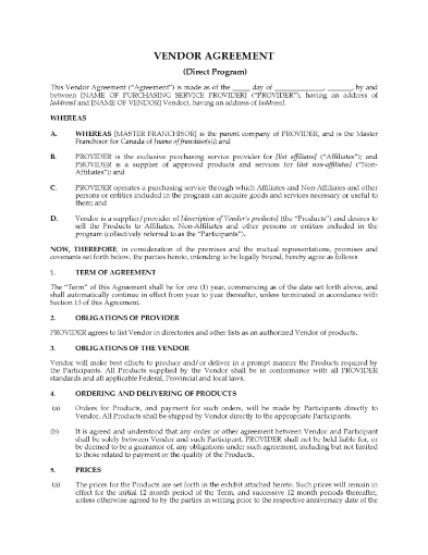 Canada Vendor Agreement for Franchisee Direct Purchasing Program