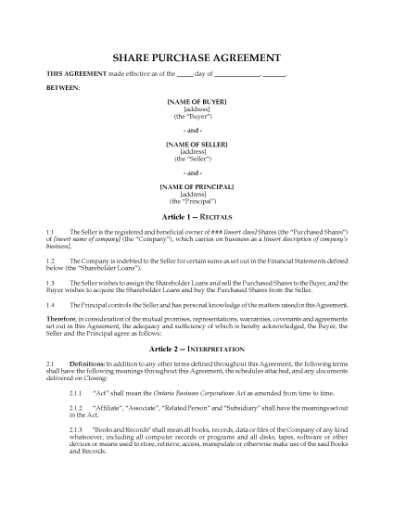 Picture of Ontario Share Purchase Agreement and Assignment of Shareholder Loans