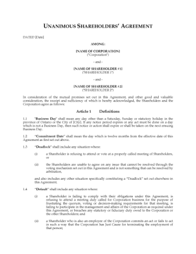 Picture of Ontario Unanimous Shareholder Agreement Between Equal Partners