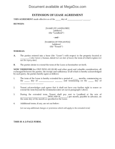 Picture of Kansas Residential Lease Extension Agreement