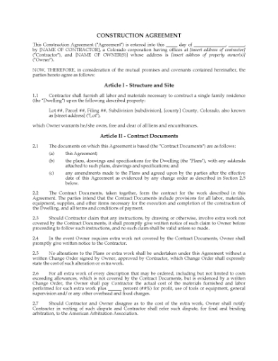 Picture of Colorado Construction Contract Form