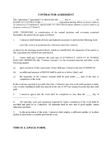Canada Construction Contractor Agreement
