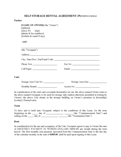 Picture of Pennsylvania Self Storage Lease Agreement