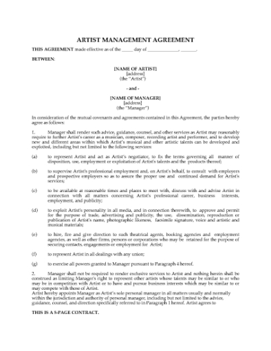 Picture of Musical Artist Management Agreement | USA