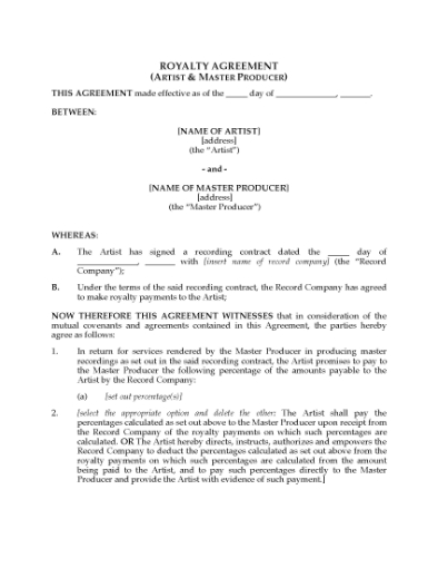 Picture of Royalty Agreement between Artist and Producer